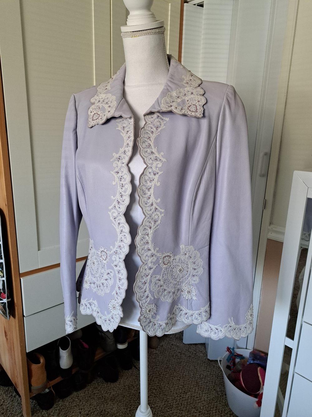 Lace-Trim Lavender Leather Jacket